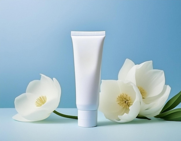 Product Photography with Flowers and Shadows White Cosmetic Tube on Blue Background