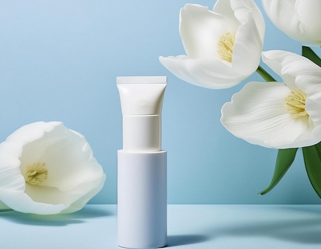 Product Photography with Flowers and Shadows White Cosmetic Tube on Blue Background