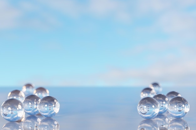 Product placement and advertising background Glass balls on empty marble surface against blue sky with clouds Backdrop for cosmetic products 3d rendering