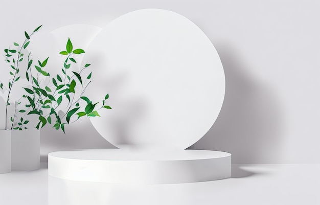 Product placement White podium for beauty skincare products display backdrop templates with natural green leaves plant twig sunlight and foliages leaves shadow Generative AI