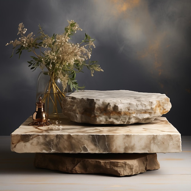 Product podium against rustic stone backdrop