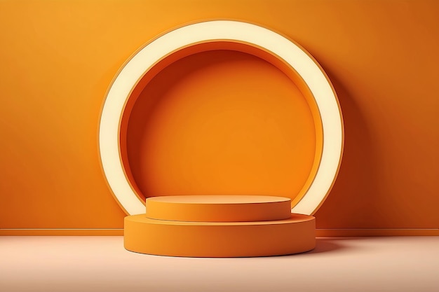 product podium display 3d orange Empty Cylinder circle and bokeh in yellow color background