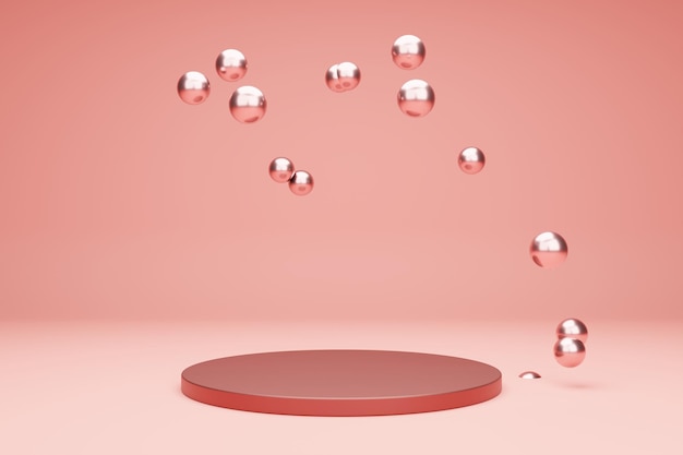 Product podium for presentation with metallic bubbles on a coral background 3d rendering scene