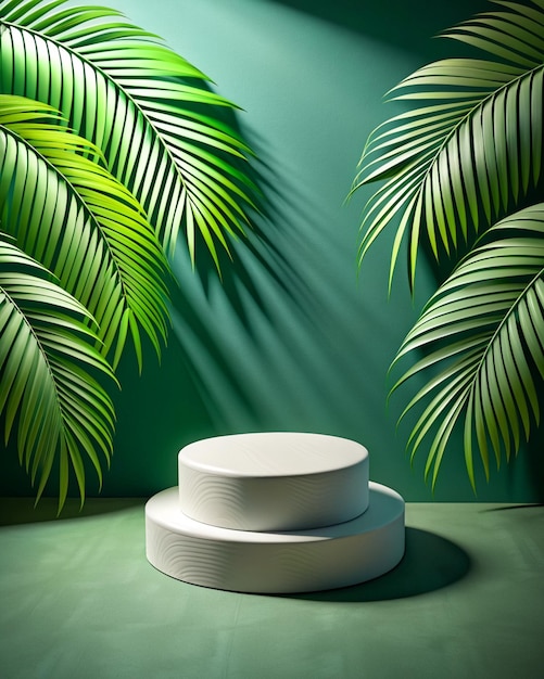 product podium and tropical palm leaves shadow on green background