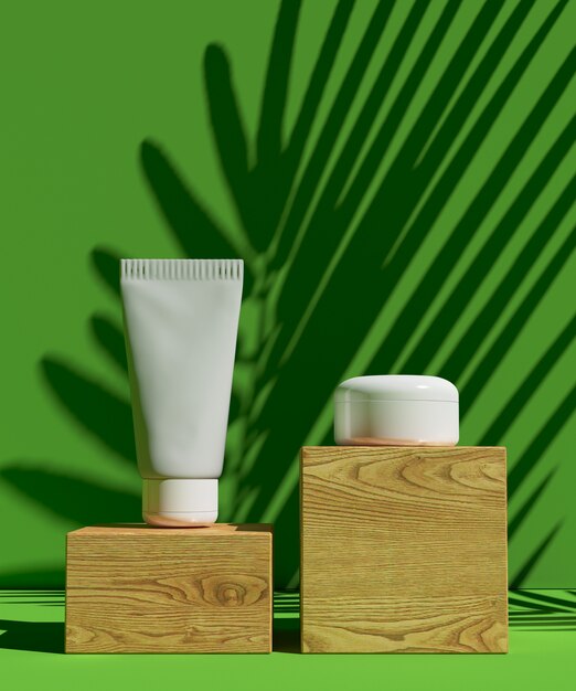 Product podium with creams and leaf shadow