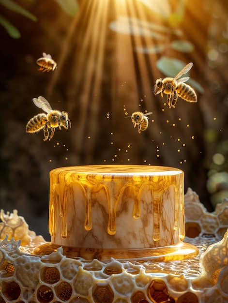 a product podium with honey dripping surrounded by flying bees