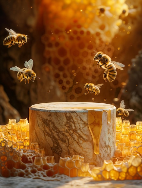 a product podium with honey dripping surrounded by flying bees