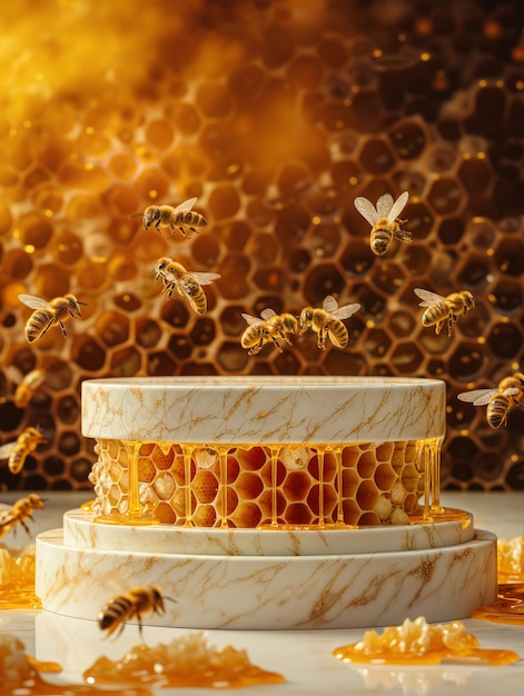 a product podium with honey dripping surrounded by flying bees