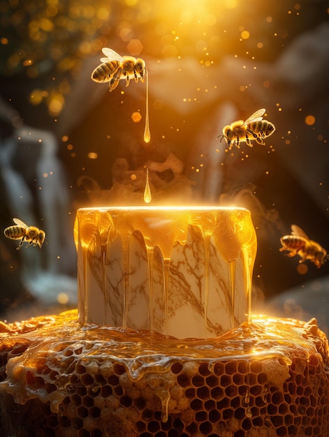 a product podium with honey dripping surrounded by flying bees