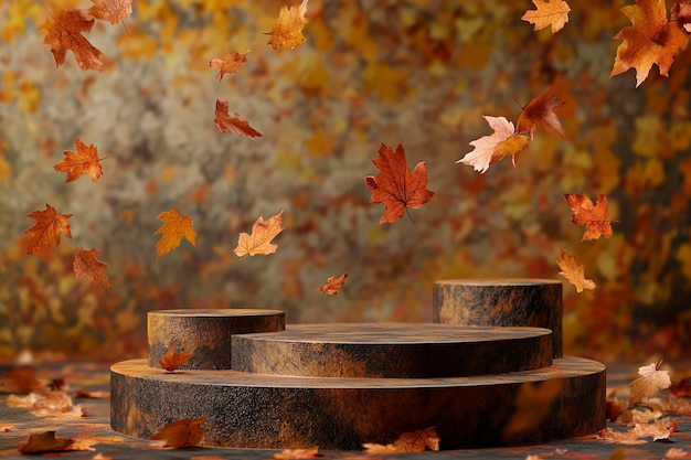 Product Presentation Pedestals with Autumn Leaves Background