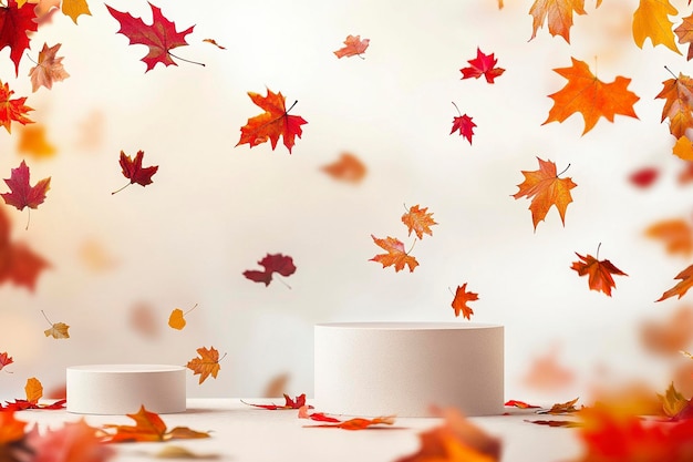 Product Presentation Pedestals with Autumn Leaves Background