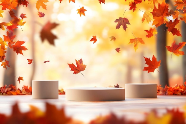 Product Presentation Pedestals with Autumn Leaves Background