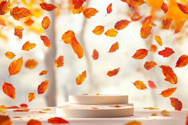 Photo product presentation pedestals with autumn leaves background