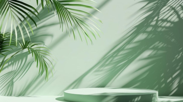 For product presentation or showcase empty mockup a podium pedestal with shadow made of palm leaves on a dark green pastel background