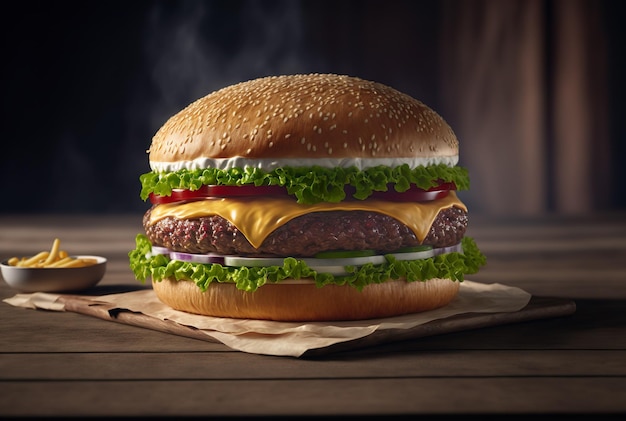 Product shot of fresh big hamburger or cheeseburger generative ai