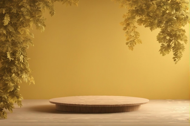 Product Showcase 3d stand wooden podium on yellow background with leaves