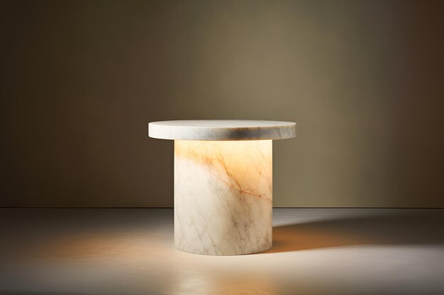 Photo product showcase on marble pedestal with soft lighting