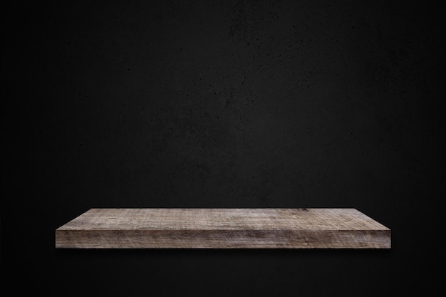 Product showcase with wood stand podium on dark room background