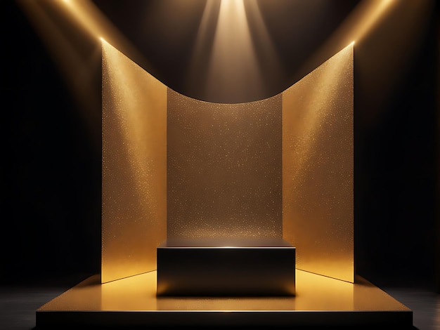 The product stage is on a black podium with a golden glitter backdrop and a spotlight design