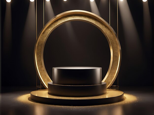 The product stage is on a black podium with a golden glitter backdrop and a spotlight design