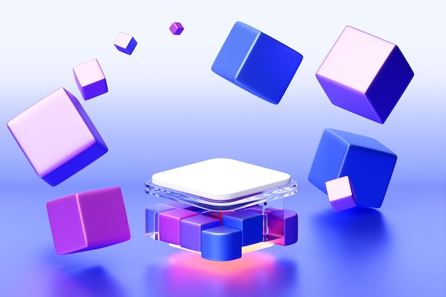 Product stand pedestal frame around flying cubes under blue and pink neon light Vaporwave art concept 3D rendering