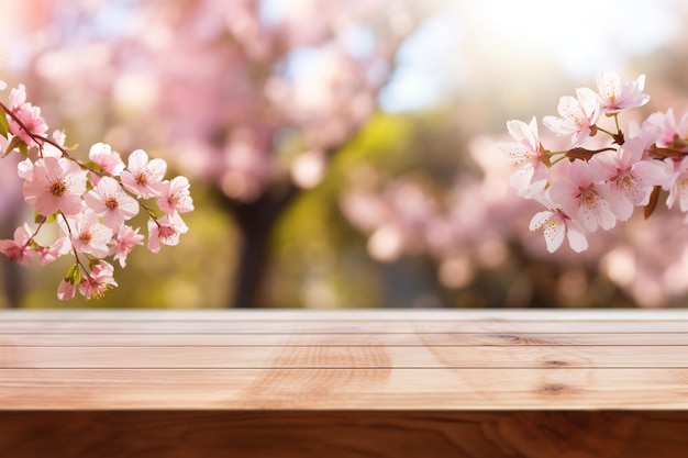 Product wooden background with flowering branches in spring out of focus