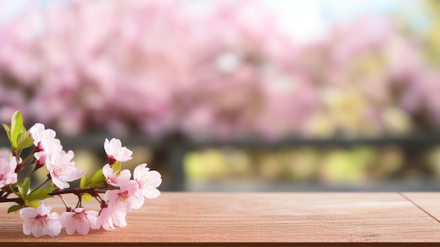 Product wooden background with flowering branches in spring out of focus