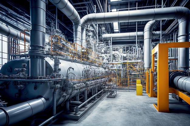 Production halls and piping system at petrochemical industry factory