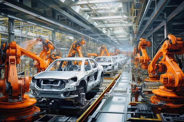 Production Line in Automotive Factory Car Skeletons in Progress Generative AI