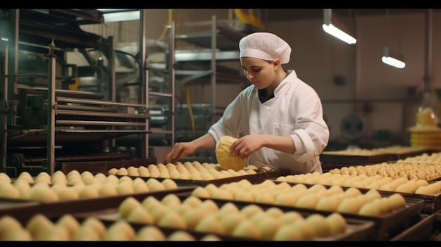 Production line of bakery factory worker transports eggs using vacuum pump to prepare dough