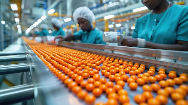 Photo production line with orange spheres