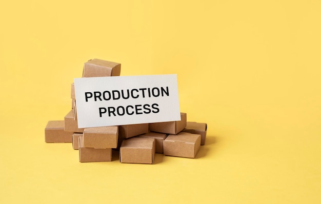 PRODUCTION PROCESS text with procucts boxecommerc and industry conceptcoppy space