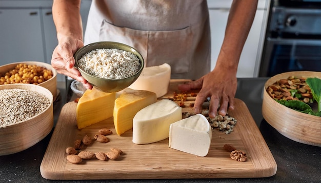 the production of vegan cheese in a modern kitchen highlighting plantbased ingredients