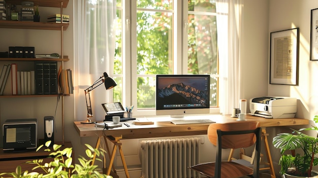 A productive home office desk with a computer printer organized storage solutions and a view of the