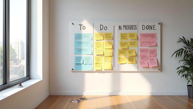 Photo productive workflow on stylish office kanban