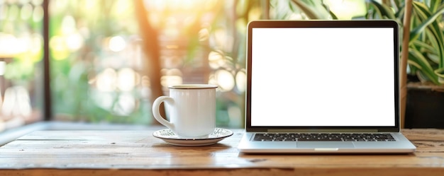 Photo productive workspace in a cozy coffee shop blankscreen laptop on wooden table for mockups and templates with clipping paths