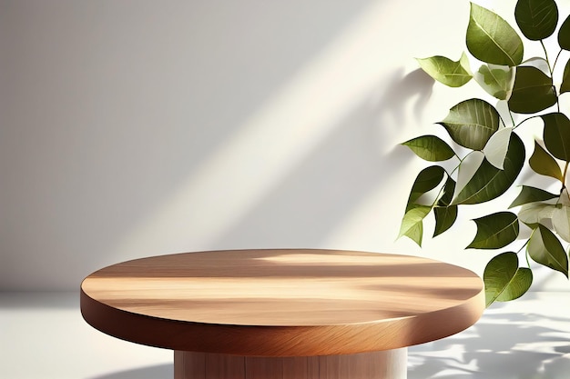 Products overlay Close up of a round empty teak wood table with sunlight and leaves shadow