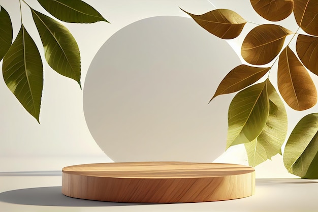 Products overlay Close up of a round empty teak wood table with sunlight and leaves shadow