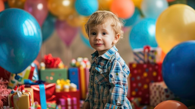 Professinal photo of best ever birthday party with lots of presents and balloons