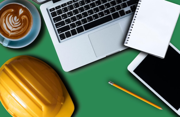 Profession concept with architect desk and tools on table top view mockup