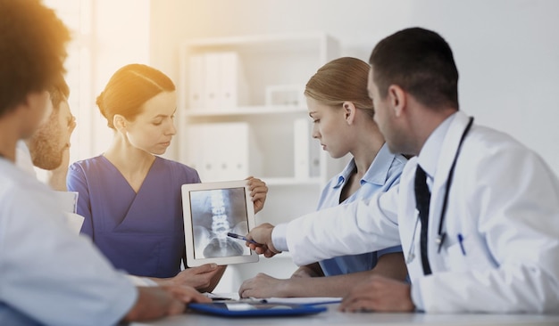 profession, people, surgery, radiology and medicine concept - group of doctors with x-ray on tablet pc computer screen meeting at medical office