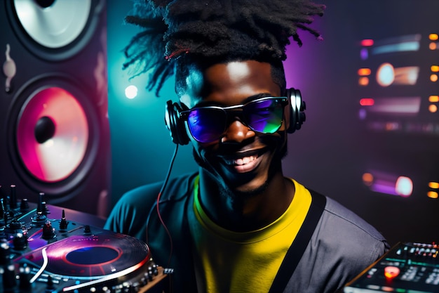 Professional african american DJ in headphones with sound mixer in nightclub