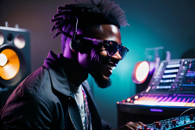 Professional african american DJ in headphones with sound mixer in nightclub