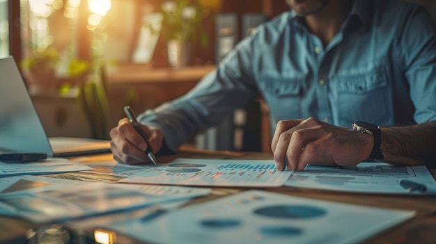 A professional analyzes data and creates reports at a desk showcasing the importance of focused work