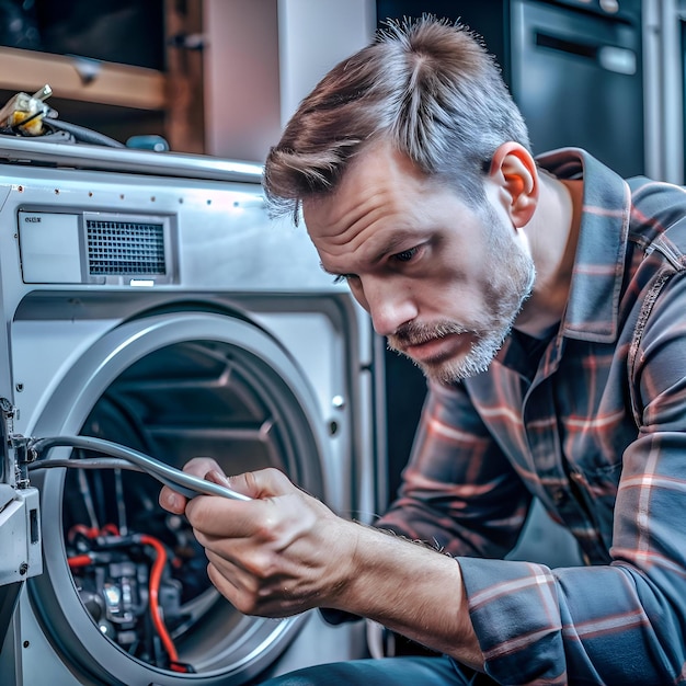 Photo a professional appliance repairman working on a washing machine