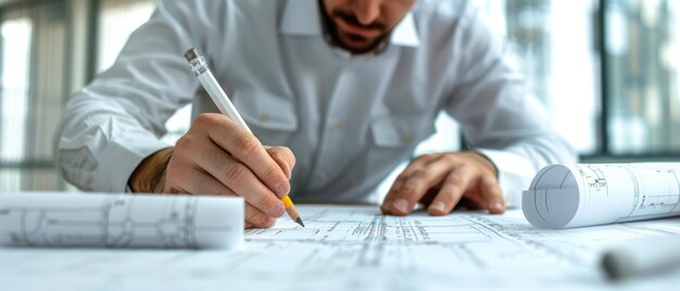 Photo a professional architect reviewing blueprints suitable for construction and design