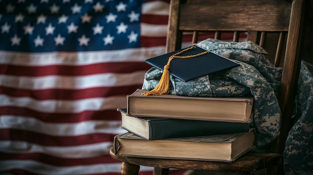 Photo professional arrangement of diploma books and soldier uniform on wooden chair