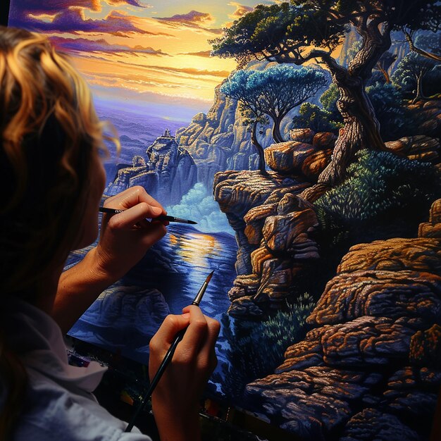 Photo professional artist drawing a surreal landscape