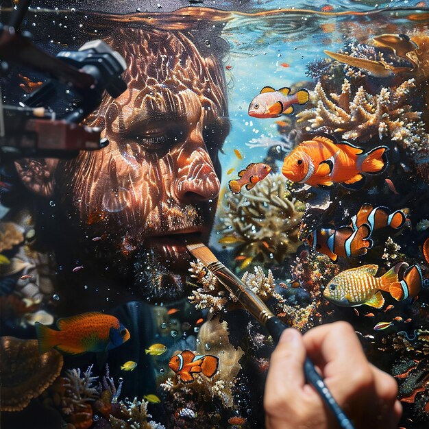 Photo professional artist painting an underwater world