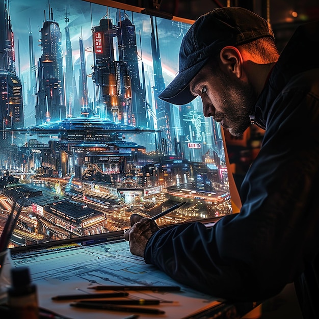 Professional Artist Sketching a Futuristic Cityscape